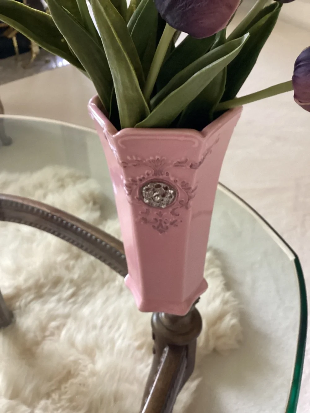 8 Real Touch Tulips in Beautiful Jewel Crested Vase